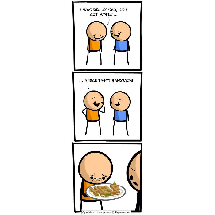 Cyanide and Happiness comic strip featuring dark humor with a twist about cutting a sandwich into HELP letters.