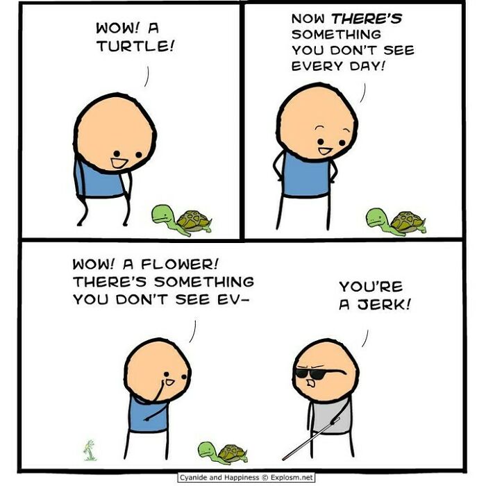Cyanide & Happiness comic strip featuring dark humor with characters reacting to a turtle and a flower in simple drawings.