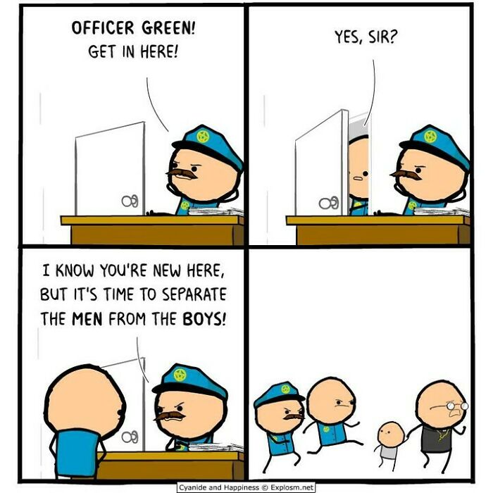 Cyanide and Happiness comic strip featuring dark humor with police officers and a twist on separating men from boys.