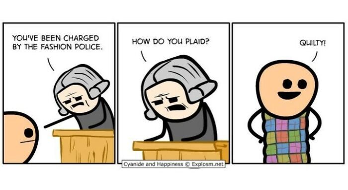 Cyanide and Happiness comic strip featuring dark humor with a courtroom scene and a plaid-themed pun.