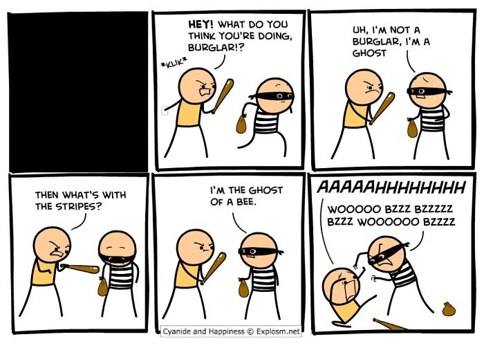 Cyanide and Happiness comic strip with dark humor showing a man confronting a striped burglar who claims to be a ghost of a bee.