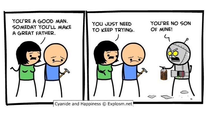 Cyanide and Happiness comic strip showing dark humor with a father figure and a robot son in a humorous confrontation.