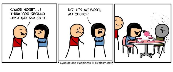 Cyanide and Happiness comic with dark humor showing a couple arguing about personal choice and consequences.