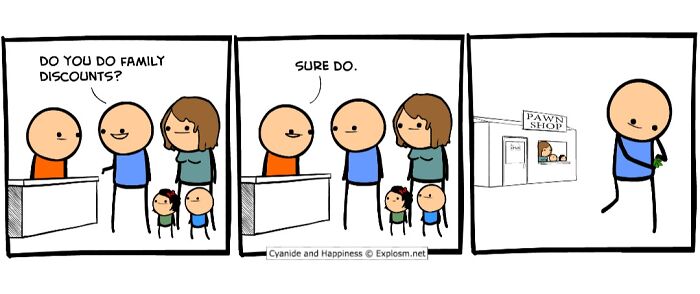 Cyanide and Happiness comic strip showing dark humor in a p**n shop scene with family discount joke.