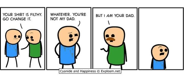 Two stick-figure characters in a Cyanide and Happiness comic with dark humor dialogue about family and shirts.