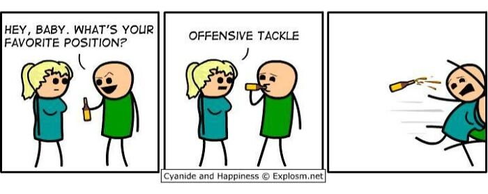 Cyanide and Happiness comic strip featuring dark humor with a twist on favorite position joke and offensive tackle.