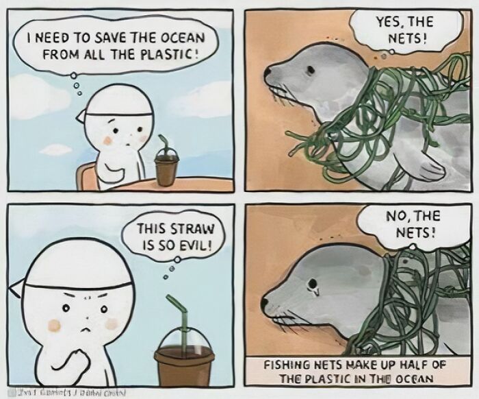 Cartoon showing ocean pollution caused by plastic straws and fishing nets entangling a seal, highlighting consumerism impact.