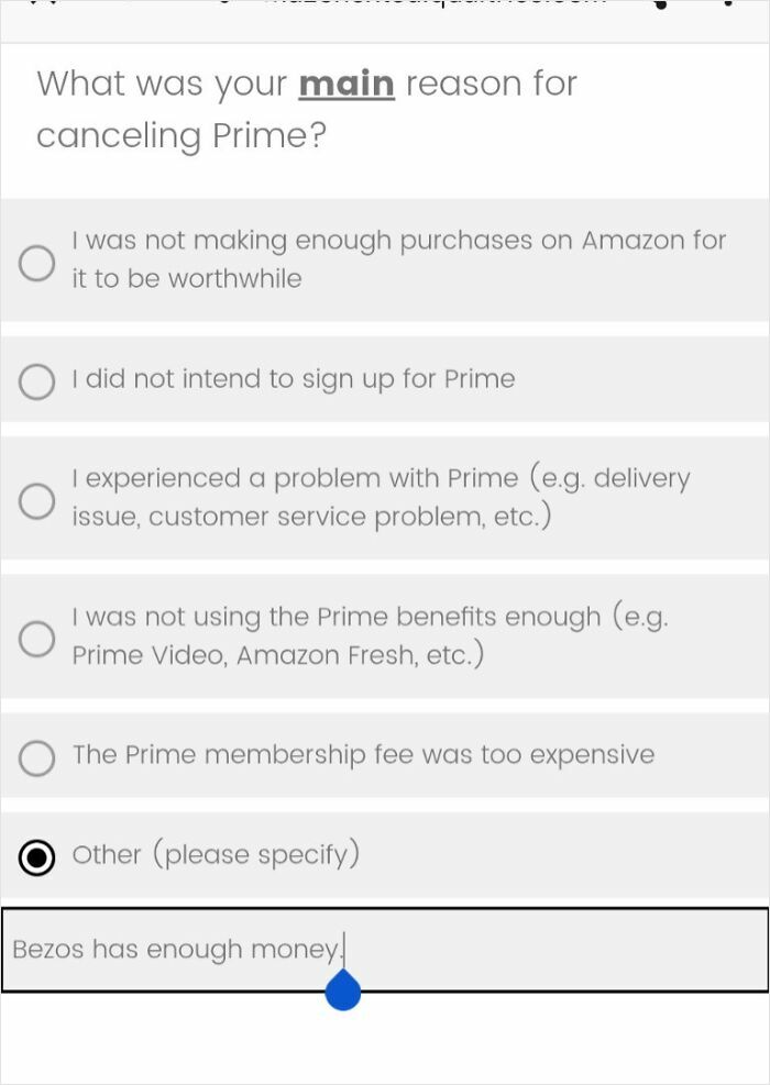Survey screenshot showing reasons for canceling Amazon Prime, highlighting consumerism and dissatisfaction with subscription costs.
