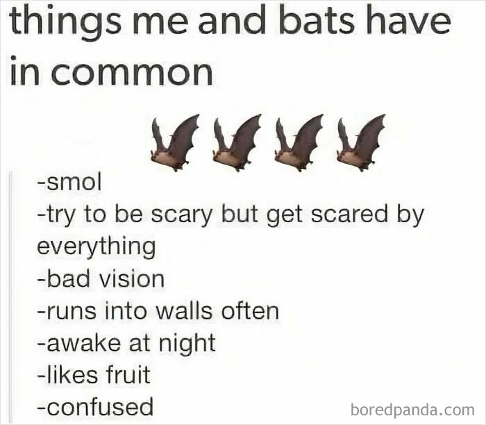 Funny creepy meme comparing traits of bats and people, listing spooky but humorous similarities with bat emojis.