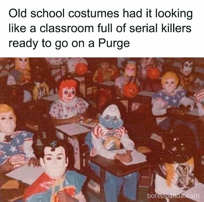 Classroom of students in creepy vintage costumes resembling serial killers in a dark, humorous setting meme.