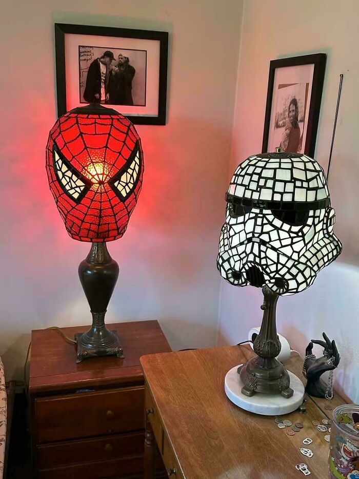 Creative handmade lamps featuring Spider-Man and Stormtrooper designs, showcasing cool things people made to share.