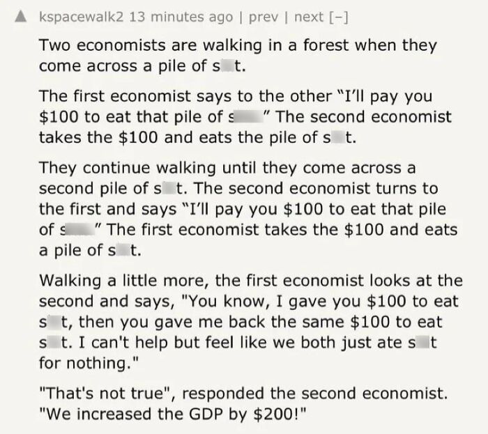 Text conversation about two economists paying each other to eat piles of waste, illustrating consumerism impact on GDP growth.