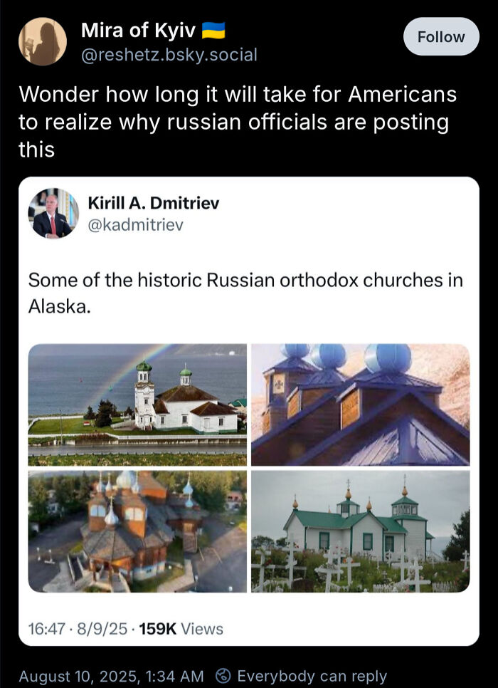 Screenshot of bold tweets showing photos of historic Russian Orthodox churches in Alaska sparking strong reactions online.