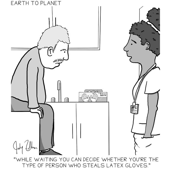 Man sitting in a doctor's office with nurse, humorous Earth to Planet comic about stealing latex gloves.