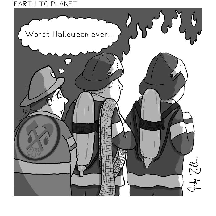 Three firefighters facing a large fire with one thinking about the worst Halloween ever in Earth To Planet comics.