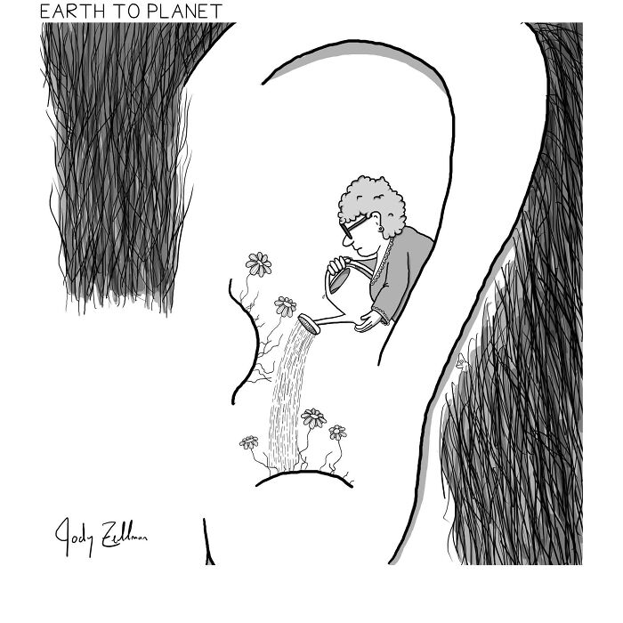 Cartoon of person watering flowers growing inside a large human ear from the Earth to Planet comic series.