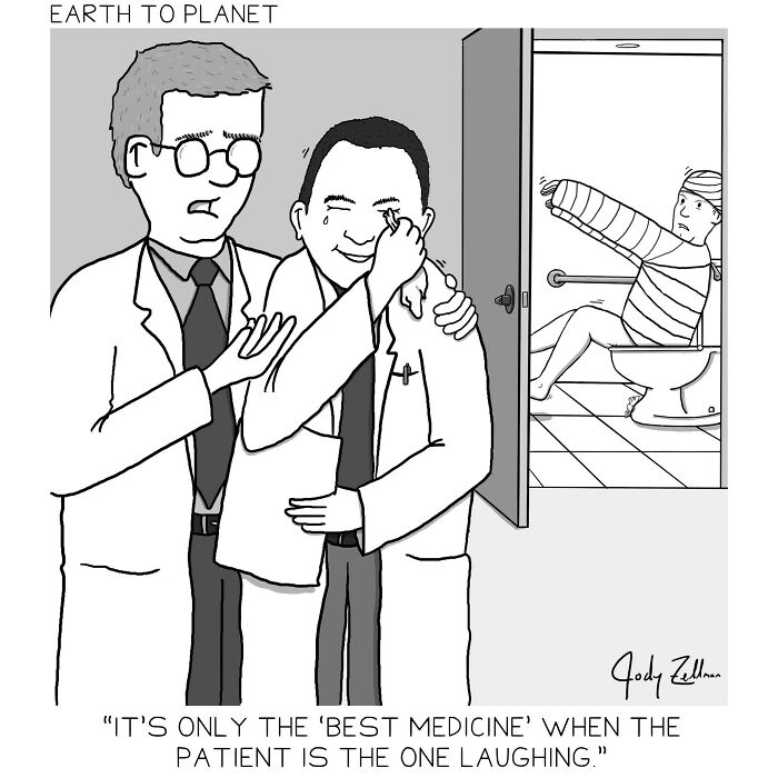 Black and white Earth to Planet comic showing two doctors, one wiping tears from laughing, with a bandaged patient in the bathroom.