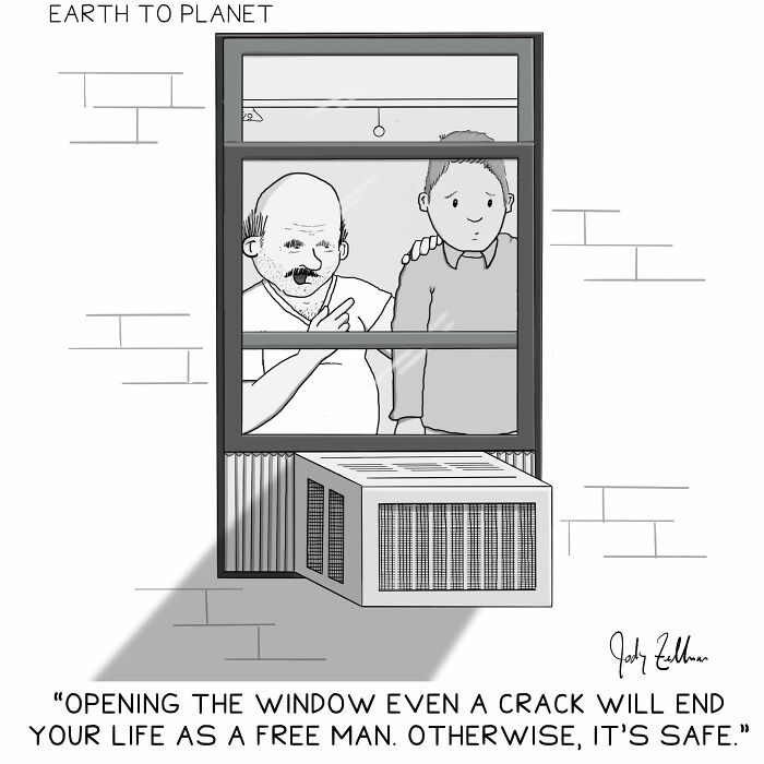 Two men stand by a window with an air conditioner, in a funny Earth To Planet comic about freedom and safety.