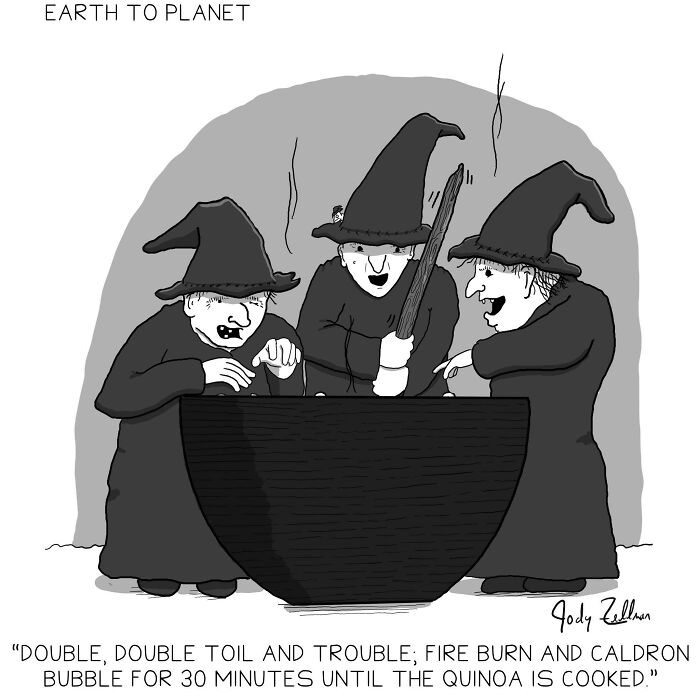 Three witches stirring a cauldron with a humorous cooking spell in a funny Earth to Planet comic style.