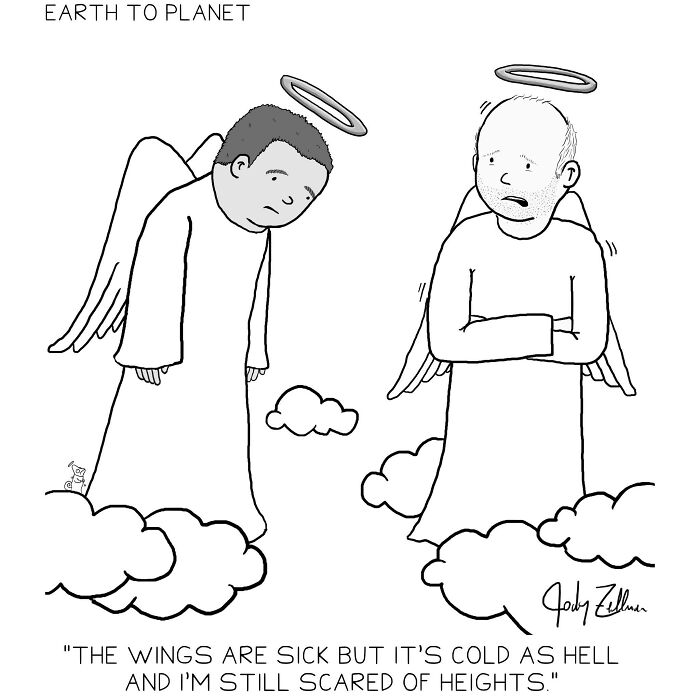 Two angels on clouds in a funny Earth to Planet comic about wings feeling sick and fear of heights.