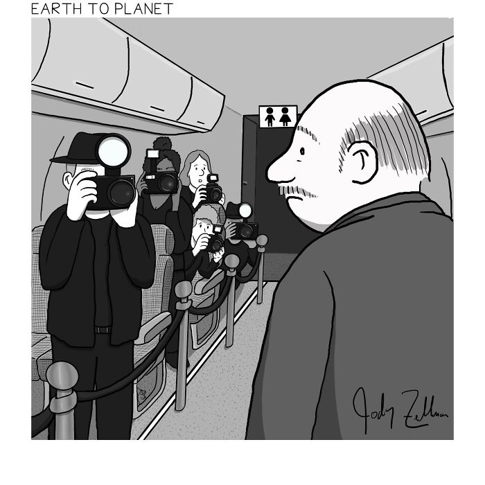 Man on airplane facing paparazzi with cameras, black and white cartoon comic from Earth to Planet series