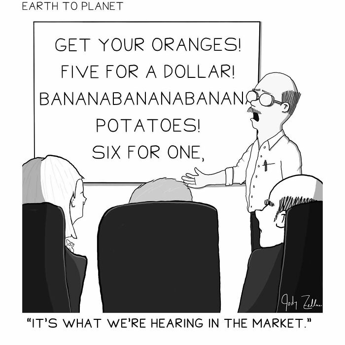 Man presenting a humorous Earth to planet comic with mixed-up fruit and vegetable market prices.