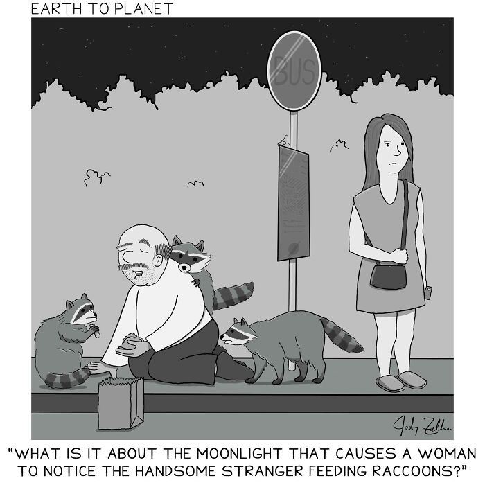 Funny Earth to Planet comic showing a man feeding raccoons at a bus stop while a woman watches in moonlight.