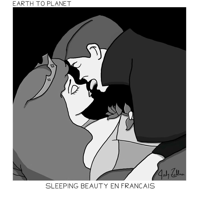 Black and white funny Earth to Planet comic showing a prince about to kiss Sleeping Beauty in a humorous twist.