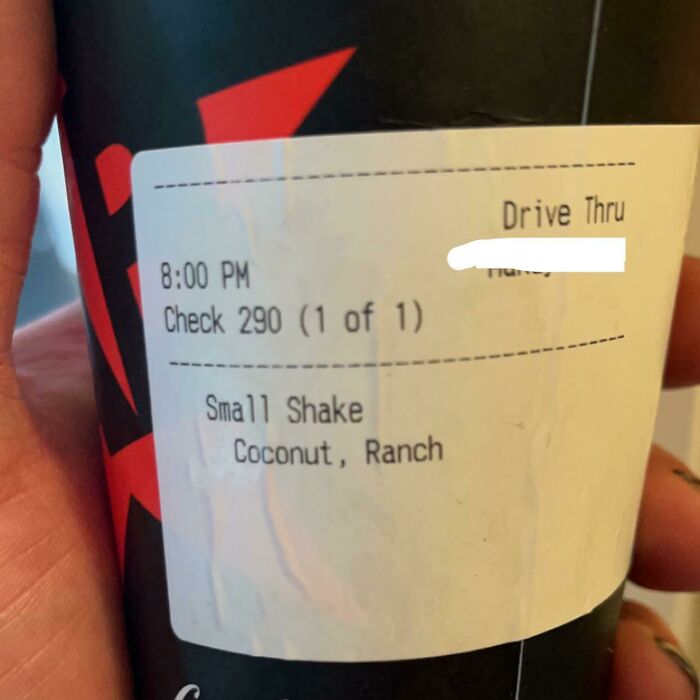 Cup with a drive-thru receipt showing a funny shake order with coconut and ranch, illustrating funny ways people learned their lesson.