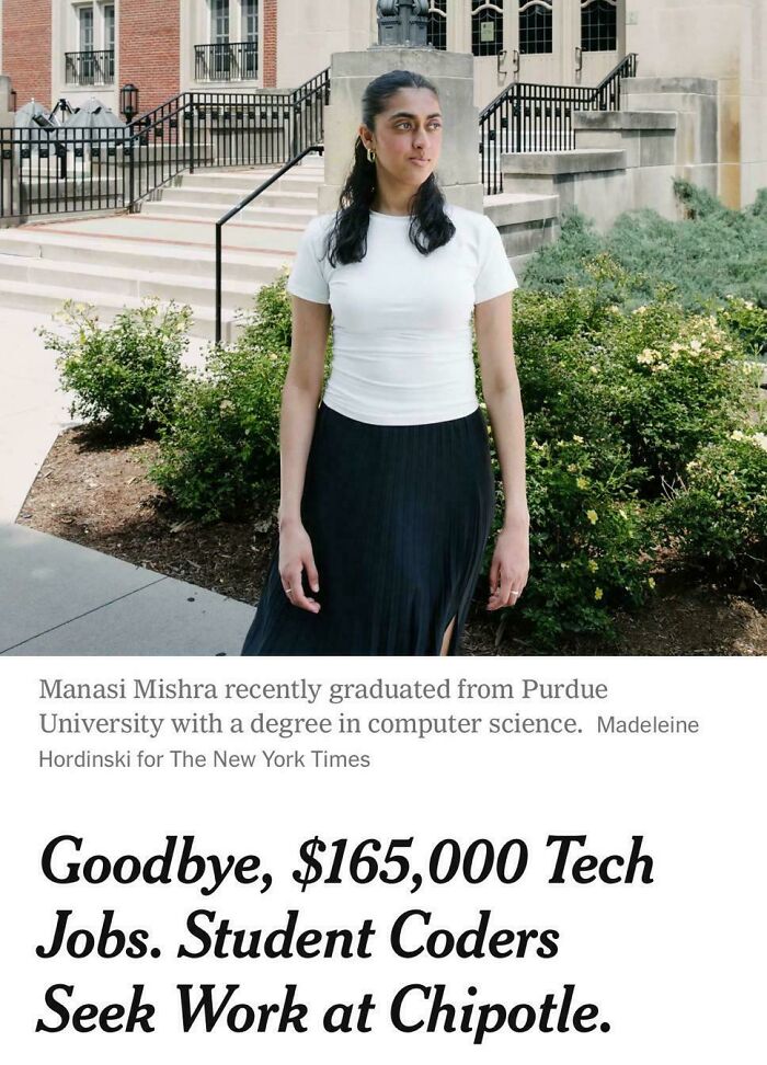 Young woman standing outside a university building reflecting on outrageous job requirements in tech careers.