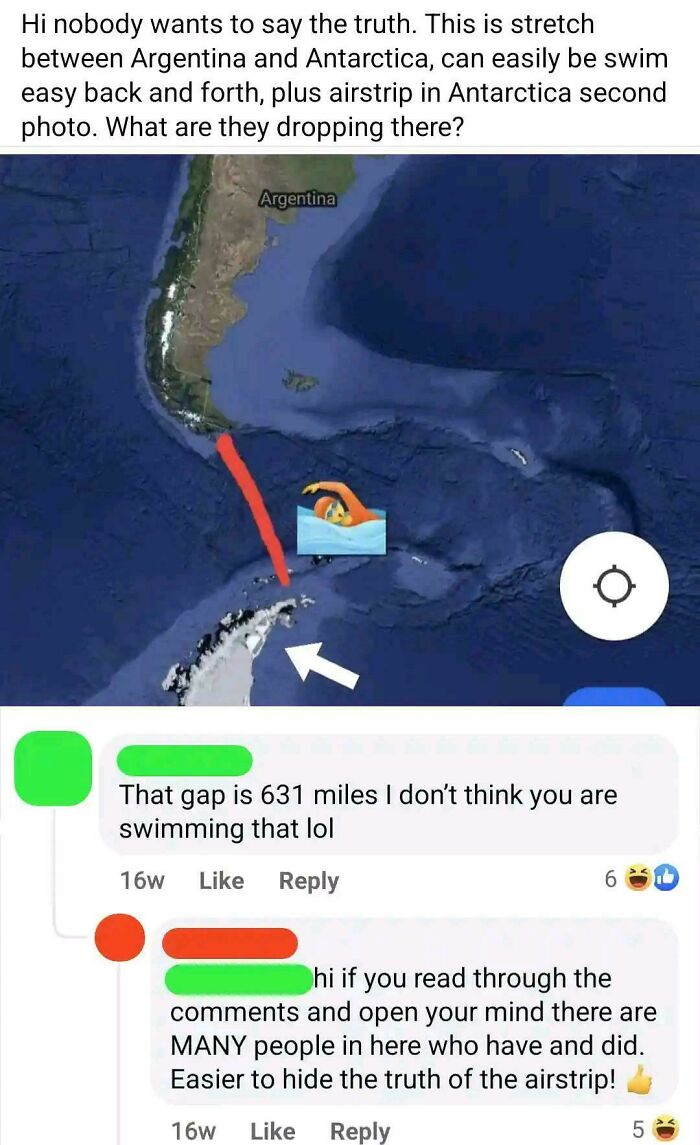 Online conversation roasting confidently incorrect swimming claim between Argentina and Antarctica with map and comments.