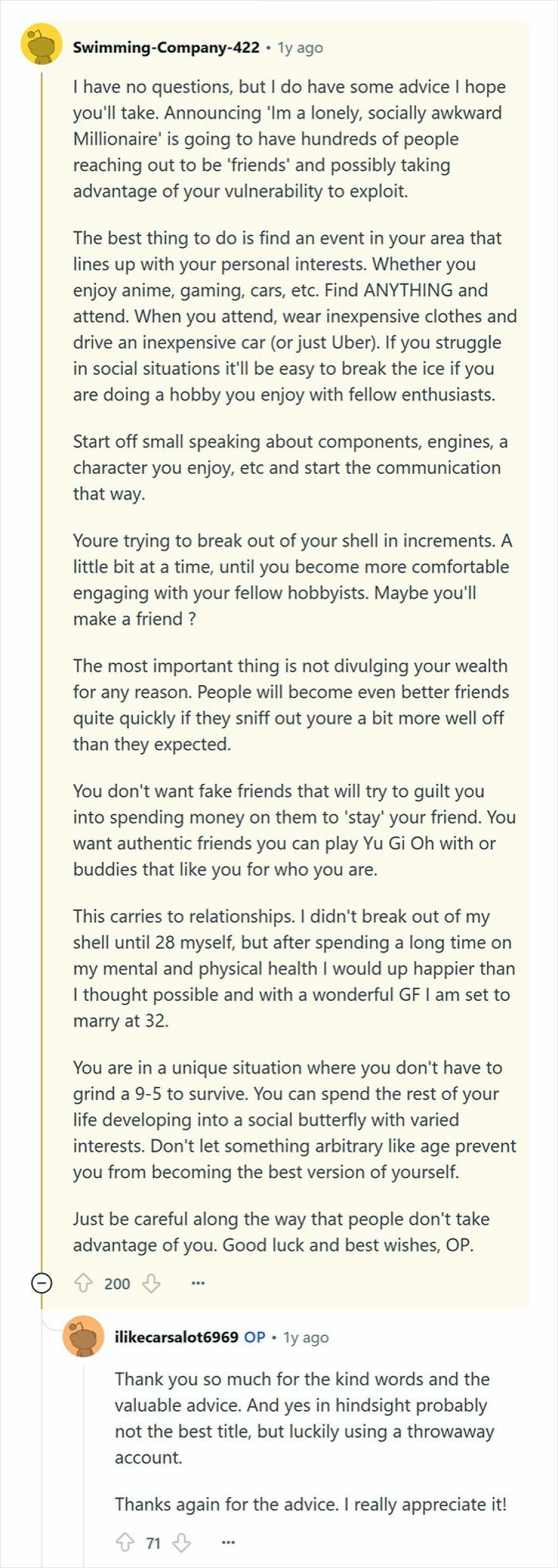 Reddit advice thread showing a young millionaire with no friends sharing honest tips on socializing and relationships.