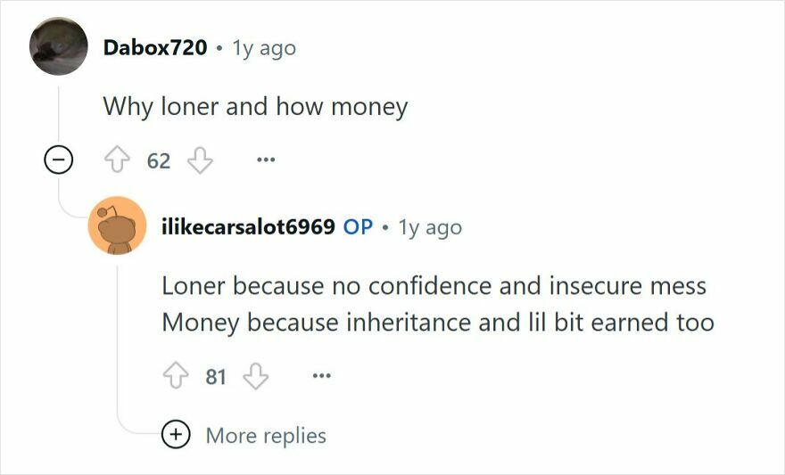 Screenshot of an online Q&A where a young millionaire with no friends explains being a loner due to low confidence and inheritance money.
