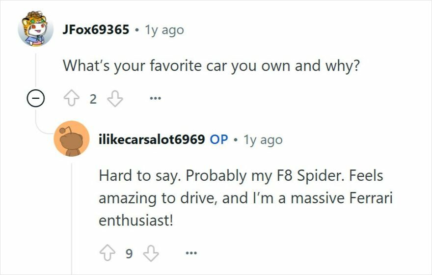 Screenshot of an honest online Q&A with a young millionaire discussing favorite cars and Ferrari enthusiasm.
