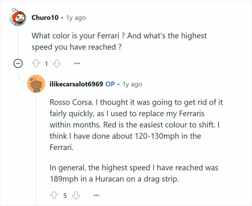Young millionaire with no friends answering questions about his Ferrari and highest speeds in an honest online Q&A session.