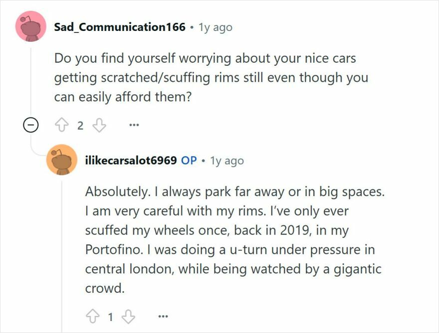 Online Q&A with a young millionaire discussing concerns about caring for luxury cars and avoiding damage to rims.