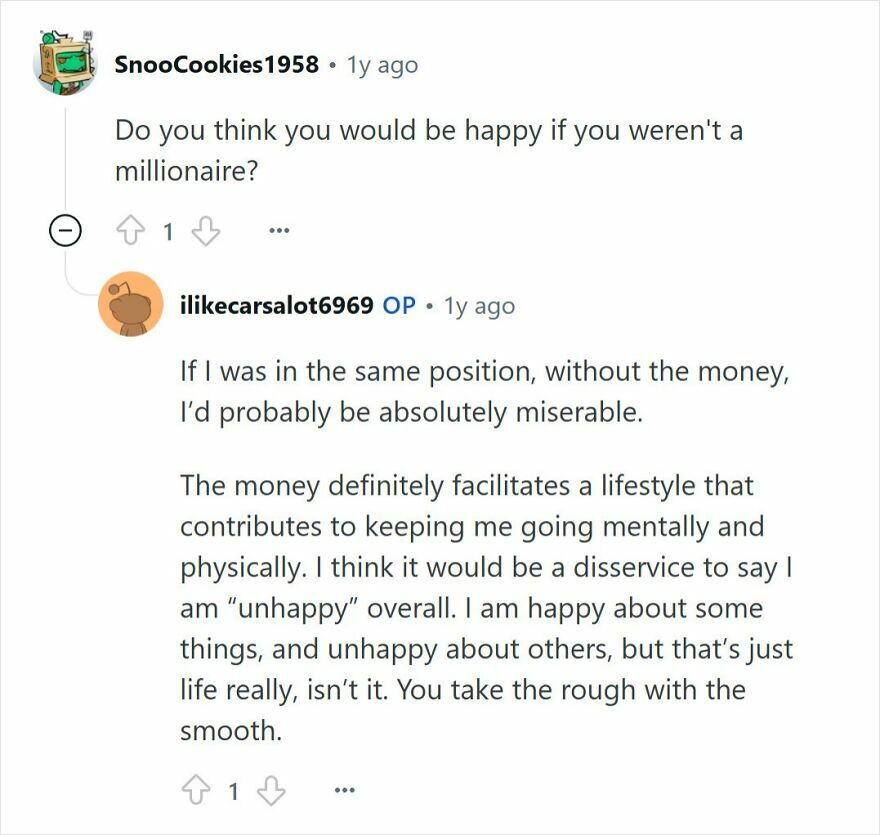 Young millionaire responding honestly in an online Q&A about happiness and the impact of wealth on life.