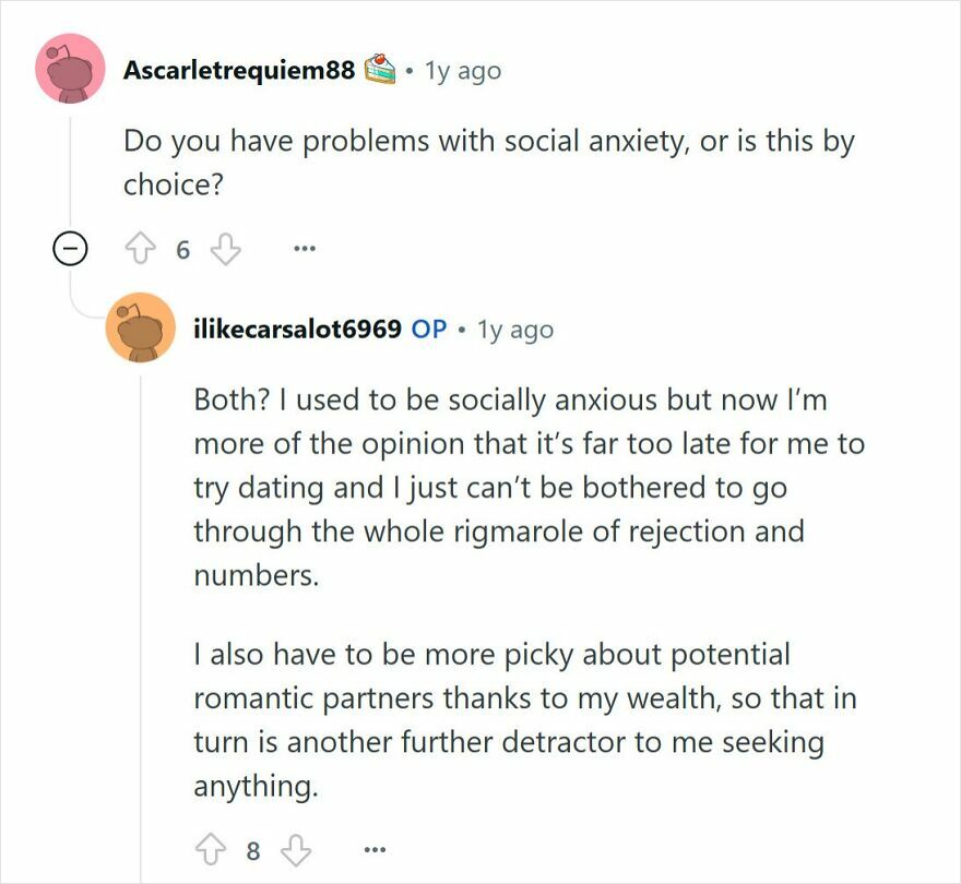 Online Q&A showing a young millionaire discussing social anxiety and dating challenges linked to wealth and loneliness.