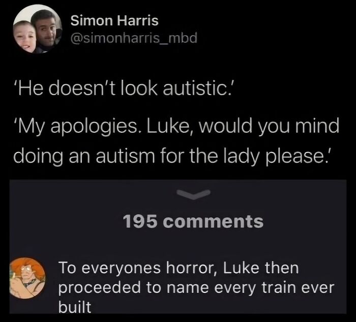 Tweet about autism humor highlighting a neurodivergence meme with a child naming every train ever built.