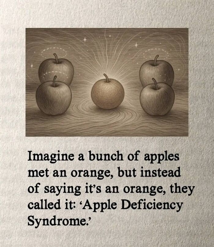 Illustration of apples and an orange with text explaining a metaphor related to neurodivergence and understanding differences.