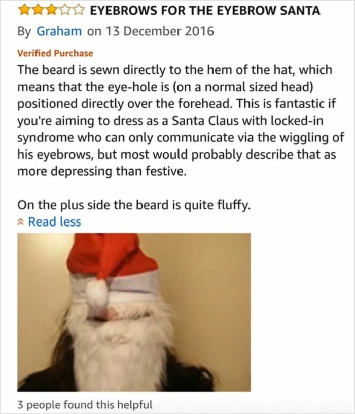 Humorous product review of a Santa hat with a sewn-in beard showing an immaculate sense of humor in reviews.