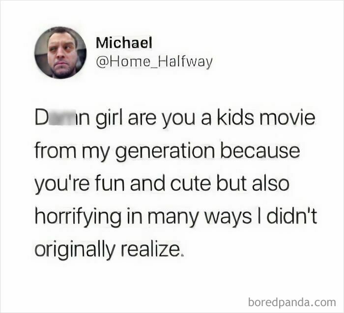 Funny parenting meme featuring a tweet about kids movies being fun, cute, and horrifying from a parent's perspective.