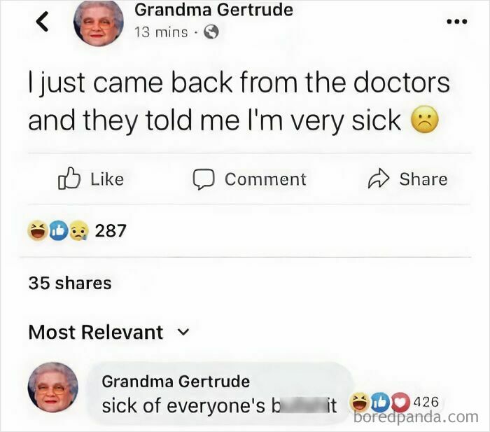Screenshot of a funny parenting meme with a grandma humorously complaining about being sick and family stress.