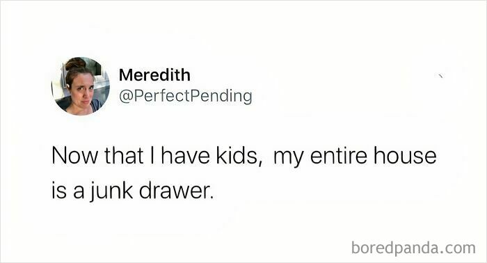 Funny parenting meme text by Meredith stating her entire house is now a junk drawer with kids, illustrating relatable parenting humor.
