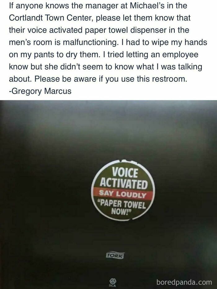 Screenshot of a wild neighbor post about a malfunctioning voice activated paper towel dispenser in a public restroom.