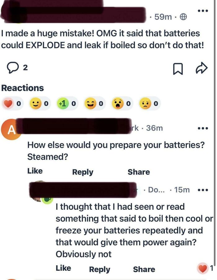 Screenshot of a wild post on a neighbors app warning about batteries exploding if boiled, with user comments.