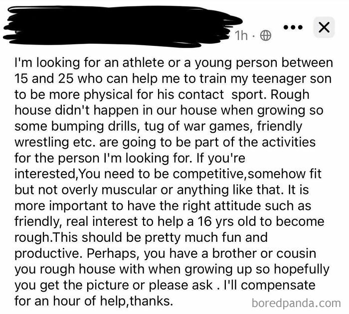 Screenshot of a wild post from an app dedicated to neighbors seeking help to train a teenager for contact sports.