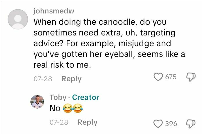 Comment exchange about misjudging an eyeball risk during canoodle, shared in a thread on blindness experience insights.