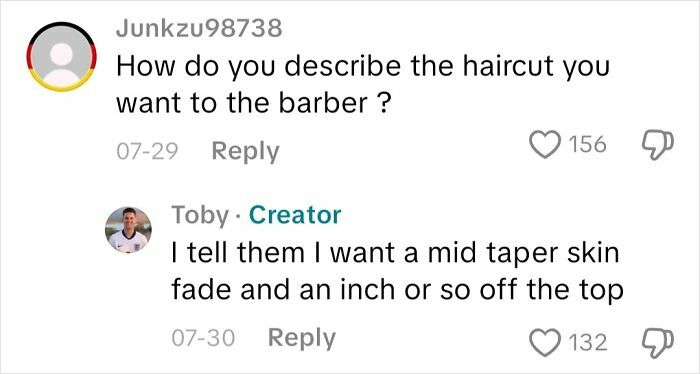 Comments discussing how a blind person describes a haircut to their barber, sharing insights on not seeing.