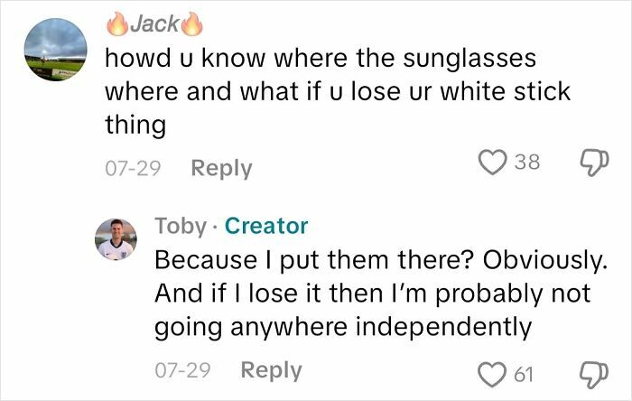 Comment exchange about managing sunglasses and a white stick, sharing insights from an actual blind person’s perspective.